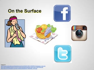 On the Surface




Image ref:
http://upload.wikimedia.org/wikipedia/en/archive/2/28/20120814150306%21Instagram_logo.png
http://www.peelfashionstore.com/wp-content/uploads/Facebook-skins-post-1024x1024.png
http://www.prconversations.com/wp-content/uploads/2011/08/twitter_icon4.jpg
 
