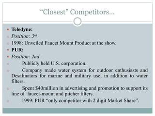 “Closest” Competitors…
 Teledyne:
o Position: 3rd .
o 1998: Unveiled Faucet Mount Product at the show.
 PUR:
 Position: 2nd
o Publicly held U.S. corporation.
o Company made water system for outdoor enthusiasts and
Desalinators for marine and military use, in addition to water
filters.
o Spent $40million in advertising and promotion to support its
line of faucet-mount and pitcher filters.
o 1999: PUR “only competitor with 2 digit Market Share”.
 