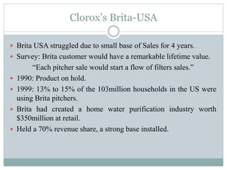 Clorox’s Brita-USA
 Brita USA struggled due to small base of Sales for 4 years.
 Survey: Brita customer would have a remarkable lifetime value.
“Each pitcher sale would start a flow of filters sales.”
 1990: Product on hold.
 1999: 13% to 15% of the 103million households in the US were
using Brita pitchers.
 Brita had created a home water purification industry worth
$350million at retail.
 Held a 70% revenue share, a strong base installed.
 