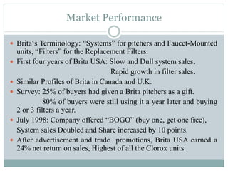 Market Performance
 Brita‘s Terminology: “Systems” for pitchers and Faucet-Mounted
units, “Filters” for the Replacement Filters.
 First four years of Brita USA: Slow and Dull system sales.
Rapid growth in filter sales.
 Similar Profiles of Brita in Canada and U.K.
 Survey: 25% of buyers had given a Brita pitchers as a gift.
80% of buyers were still using it a year later and buying
2 or 3 filters a year.
 July 1998: Company offered “BOGO” (buy one, get one free),
System sales Doubled and Share increased by 10 points.
 After advertisement and trade promotions, Brita USA earned a
24% net return on sales, Highest of all the Clorox units.
 