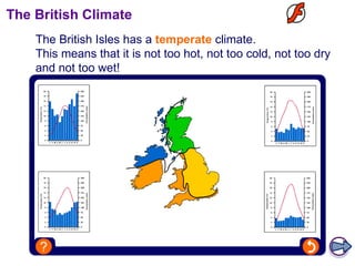 The British Climate The British Isles has a  temperate  climate.  This means that it is not too hot, not too cold, not too dry and not too wet! 
