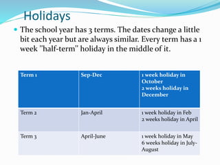 Holidays
 The school year has 3 terms. The dates change a little
bit each year but are always similar. Every term has a 1
week ’’half-term’’ holiday in the middle of it.
Term 1 Sep-Dec 1 week holiday in
October
2 weeks holiday in
December
Term 2 Jan-April 1 week holiday in Feb
2 weeks holiday in April
Term 3 April-June 1 week holiday in May
6 weeks holiday in July-
August
 
