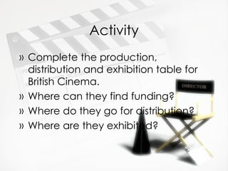 Activity <ul><li>Complete the production, distribution and exhibition table for British Cinema. </li></ul><ul><li>Where ca...