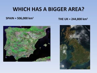 WHICH HAS A BIGGER AREA? <ul><li>SPAIN = 506,000 km 2 </li></ul><ul><li>THE UK = 244,800 km 2 </li></ul>