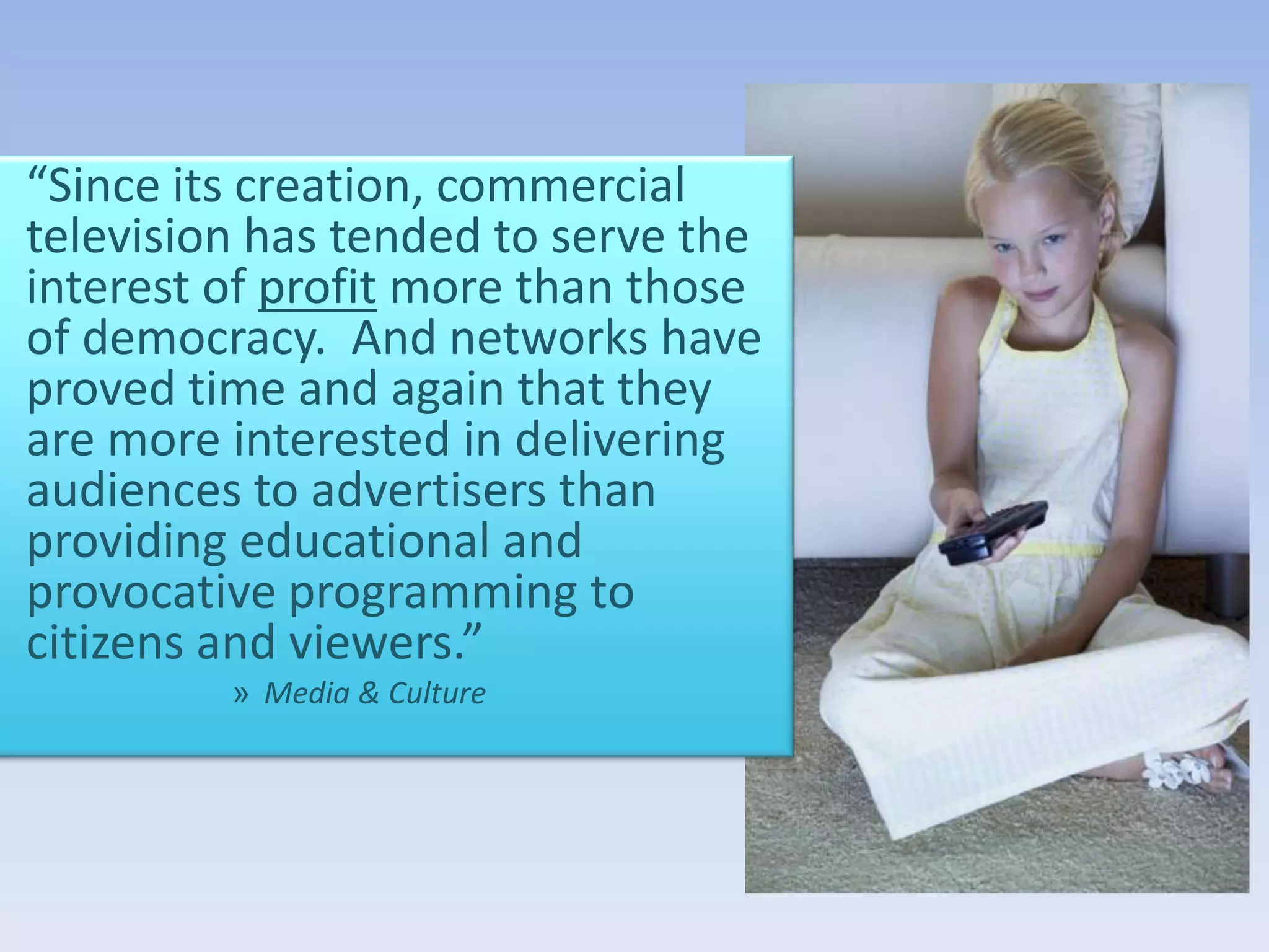 The Telecommunications Act of 1996Relaxed ownership rules—meaning companies could own more than the FCC (Federal Communications Commission) previously regulatedFrom 1996-2004, the number of radio station owners declined by 34%!!!!Owners:Most commercial stations are owned by a “group owner”Radio: Clear Channel Communications is the LARGEST owner of commercial radio stations – 1,150; Other big names: Citadel, Cumulus and CoxTelevision Big Names: (besides the O&O’s-network “owned and operated” stations) Tribune, Gannett, Hearst, Sinclair, Belo and Cox