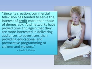 The Telecommunications Act of 1996Relaxed ownership rules—meaning companies could own more than the FCC (Federal Communications Commission) previously regulatedFrom 1996-2004, the number of radio station owners declined by 34%!!!!Owners:Most commercial stations are owned by a “group owner”Radio: Clear Channel Communications is the LARGEST owner of commercial radio stations – 1,150; Other big names: Citadel, Cumulus and CoxTelevision Big Names: (besides the O&O’s-network “owned and operated” stations) Tribune, Gannett, Hearst, Sinclair, Belo and Cox