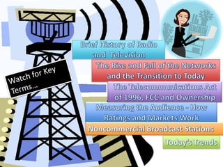 Brief History of Radio and  TelevisionThe Rise and Fall of the Networks and the Transition to TodayWatch for Key Terms…The Telecommunications Act of 1996, FCC and OwnershipMeasuring the Audience - How Ratings and Markets WorkNoncommercial Broadcast StationsToday’sTrends
