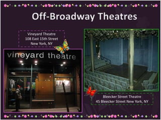 Bleecker Street Theatre
45 Bleecker Street New York, NY
Vineyard Theatre
108 East 15th Street
New York, NY
 