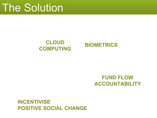The Solution BIOMETRICS CLOUD COMPUTING FUND FLOW ACCOUNTABILITY INCENTIVISE POSITIVE SOCIAL CHANGE INCENTIVISE POSITIVE SOCIAL CHANGE 