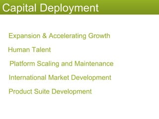 Capital Deployment Expansion & Accelerating Growth Human Talent Platform Scaling and Maintenance International Market Development Product Suite Development 