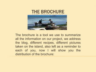 THE BROCHURE

The brochure is a tool we use to summarize
all the information on our project, we address
the blog, different recipes, different pictures
taken on the island, also left as a reminder to
each of you, now I will show you the
distribution of the brochure:

 