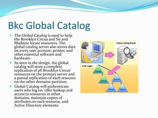 Bkc Global Catalog
 The Global Catalog is used to help
  the Brooklyn Circus and Sir and
  Madame locate resources. The
  global catalog server also stores data
  on every user account, printer, and
  other essential software and
  hardware.
 As seen in the design, the global
  catalog will store a complete
  replication of all Brooklyn Circus’
  resources on the primary server and
  a partial replication of each resource
  on the other domains partition.
 Global Catalog will authenticate
  users who log on, offer lookup and
  access to resources in other
  domains, maintain copies of
  attributes on each resource, and
  Active Directory elements.
 
