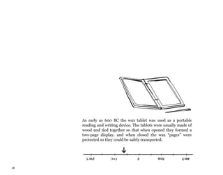 18
As early as 600 BC the wax tablet was used as a portable
reading and writing device. The tablets were usually made of
wood and tied together so that when opened they formed a
two-page display, and when closed the wax “pages” were
protected so they could be safely transported.
 