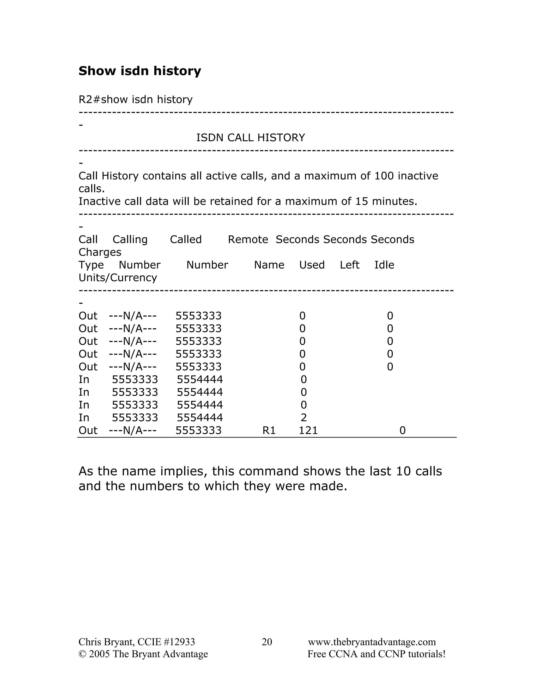 Show isdn history
R2#show isdn history
------------------------------------------------------------------------------ISDN CALL HISTORY
------------------------------------------------------------------------------Call History contains all active calls, and a maximum of 100 inactive
calls.
Inactive call data will be retained for a maximum of 15 minutes.
------------------------------------------------------------------------------Call Calling
Called
Remote Seconds Seconds Seconds
Charges
Type Number
Number
Name Used Left Idle
Units/Currency
------------------------------------------------------------------------------Out ---N/A--5553333
0
0
Out ---N/A--5553333
0
0
Out ---N/A--5553333
0
0
Out ---N/A--5553333
0
0
Out ---N/A--5553333
0
0
In
5553333
5554444
0
In
5553333
5554444
0
In
5553333
5554444
0
In
5553333
5554444
2
Out ---N/A--5553333
R1
121
0

As the name implies, this command shows the last 10 calls
and the numbers to which they were made.

Chris Bryant, CCIE #12933
© 2005 The Bryant Advantage

20

www.thebryantadvantage.com
Free CCNA and CCNP tutorials!

 