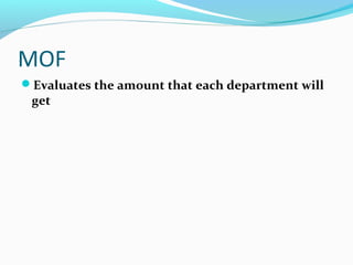 MOF
Evaluates the amount that each department will
get
 