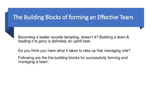 The Building Blocks of forming an Effective Team
Becoming a leader sounds tempting, doesn’t it? Building a team &
leading it to glory is definitely an uphill task.
Do you think you have what it takes to take up that managing role?
Following are the the building blocks for successfully forming and
managing a team:
 