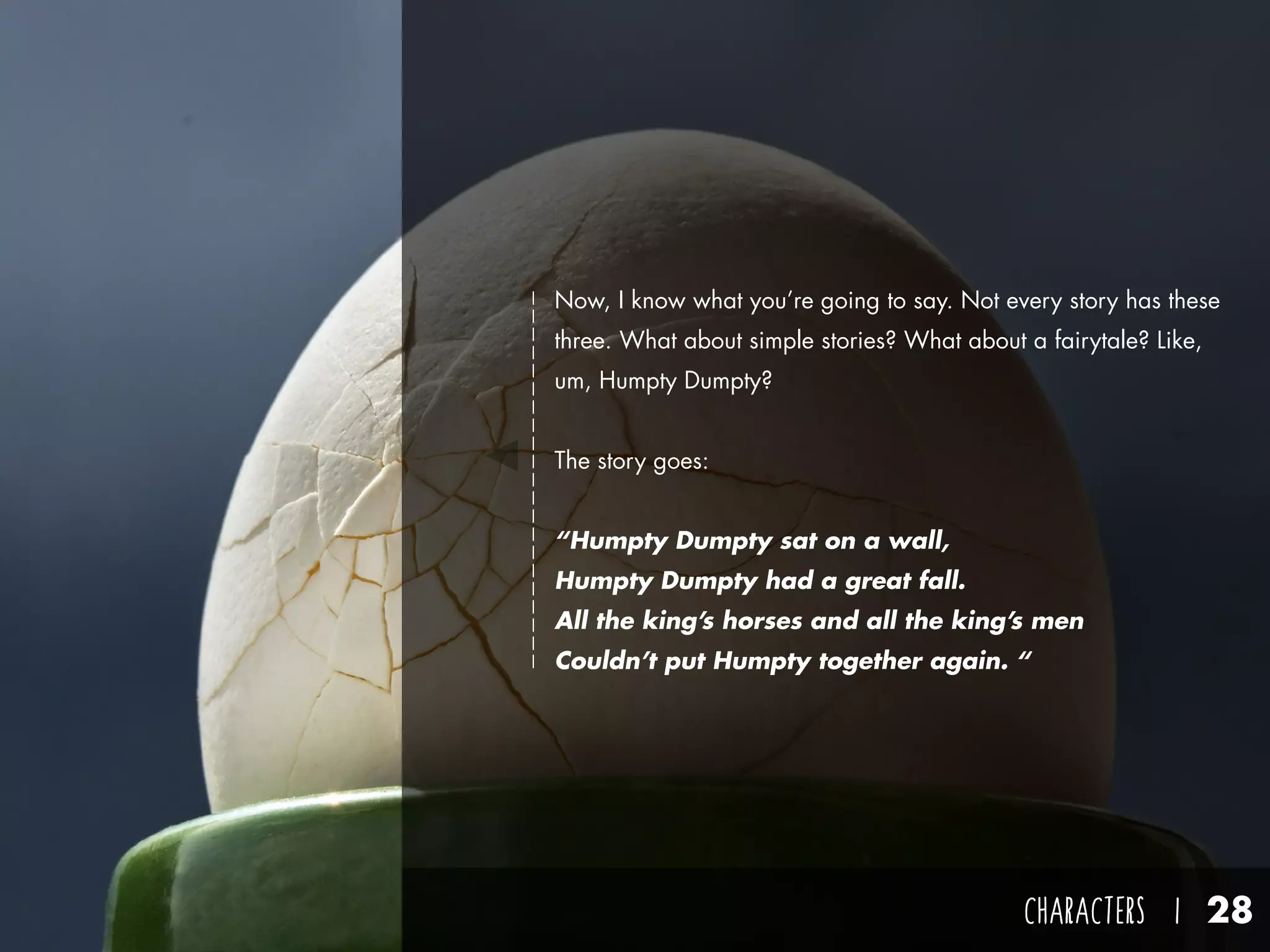 CHARACTERS I 28
Now, I know what you’re going to say. Not every story has these
three. What about simple stories? What about a fairytale? Like,
um, Humpty Dumpty?
The story goes:
“Humpty Dumpty sat on a wall,
Humpty Dumpty had a great fall.
All the king’s horses and all the king’s men
Couldn’t put Humpty together again. “
 