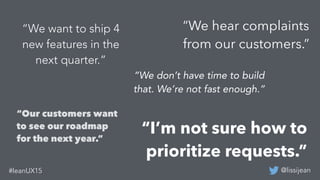 @lissijean#leanUX15
“We don’t have time to build
that. We’re not fast enough.”
“We want to ship 4
new features in the
next quarter.”
“Our customers want
to see our roadmap
for the next year.”
“We hear complaints
from our customers.”
“I’m not sure how to
prioritize requests.”
 
