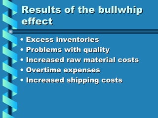 Results of the bullwhip effect Excess inventories Problems with quality Increased raw material costs Overtime expenses Increased shipping costs 
