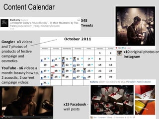 Content Calendar
                                 X45
                                 Tweets



Google+ x3 videos
and 7 photos of
products of festive                       x10 original photos on
campaign and                              Instagram
cosmetics
YouTube - x6 videos a
month: beauty how to,
2 acoustic, 2 current
campaign videos




                        x15 Facebook -
                        wall posts
 