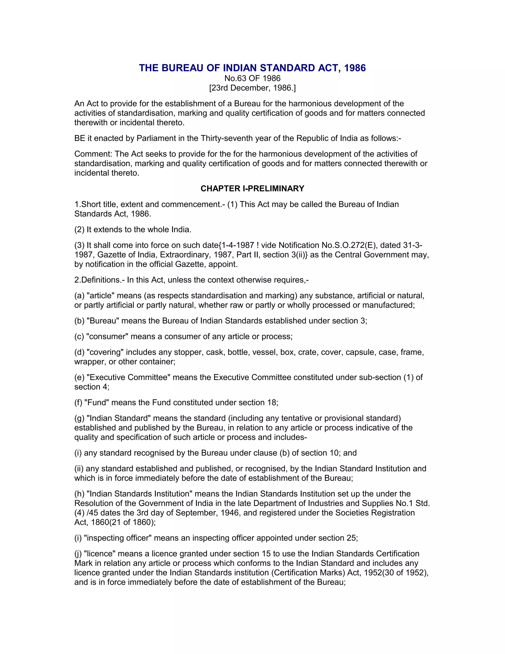 The bureau of indian standard act, 1986 PDF