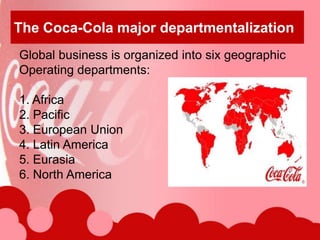 The Coca-Cola major departmentalization
Global business is organized into six geographic
Operating departments:

1. Africa
2. Pacific
3. European Union
4. Latin America
5. Eurasia
6. North America
 