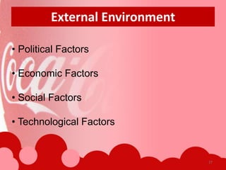External Environment

• Political Factors

• Economic Factors

• Social Factors

• Technological Factors


                                27
 