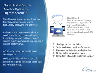 Cloud Hosted Search
Another Option to
Improve Search ROI
Cloud hosted search service frees you                       Cloud...