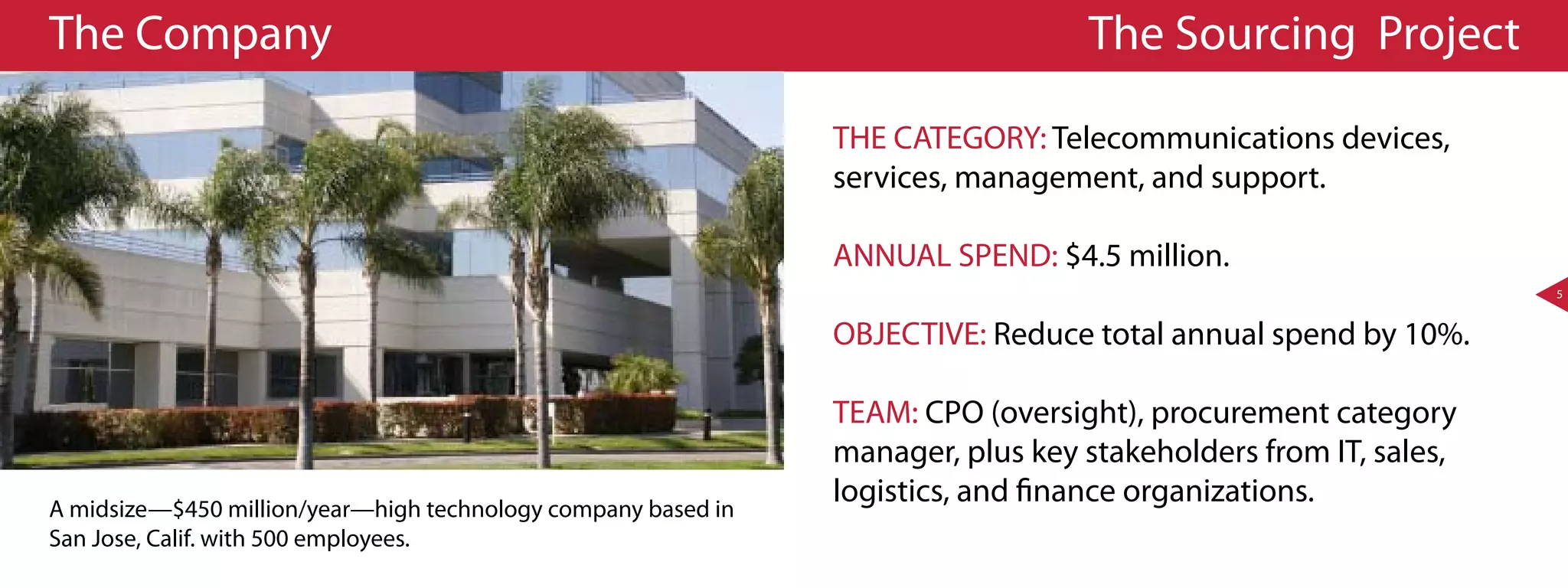 The Company                                                                      The Sourcing Project

                                                               THE CATEGORY: Telecommunications devices,
                                                               services, management, and support.

                                                               ANNUAL SPEND: $4.5 million.
                                                                                                                5


                                                               OBJECTIVE: Reduce total annual spend by 10%.

                                                               TEAM: CPO (oversight), procurement category
                                                               manager, plus key stakeholders from IT, sales,
A midsize—$450 million/year—high technology company based in
                                                               logistics, and finance organizations.
San Jose, Calif. with 500 employees.
 