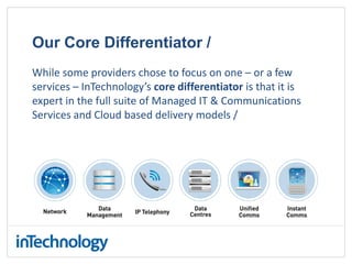Our Core Differentiator /
While some providers chose to focus on one – or a few
services – InTechnology’s core differentiator is that it is
expert in the full suite of Managed IT & Communications
Services and Cloud based delivery models /
 