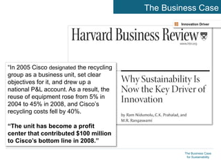 The Business Case
for Sustainability
The Business Case
Innovation Driver
3
“In 2005 Cisco designated the recycling
group a...