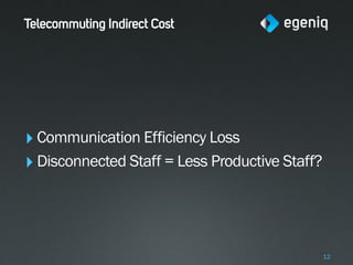 Telecommuting Indirect Cost




‣ Communication Efficiency Loss
‣ Disconnected Staff = Less Productive Staff?



                                                12
 