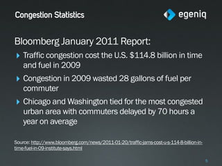 Congestion Statistics


Bloomberg January 2011 Report:
‣ Traffic congestion cost the U.S. $114.8 billion in time
    and fuel in 2009
‣ Congestion in 2009 wasted 28 gallons of fuel per
    commuter
‣ Chicago and Washington tied for the most congested
    urban area with commuters delayed by 70 hours a
    year on average

Source: http://www.bloomberg.com/news/2011-01-20/traffic-jams-cost-u-s-114-8-billion-in-
time-fuel-in-09-institute-says.html

                                                                                           5
 
