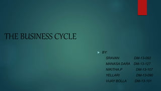 THE BUSINESS CYCLE
 BY:
SRAVAN DM-13-092
MANASA DARA DM-13-127
NIKITHA.P DM-13-107
YELLARI DM-13-090
VIJAY BOLLA DM-13-101
 