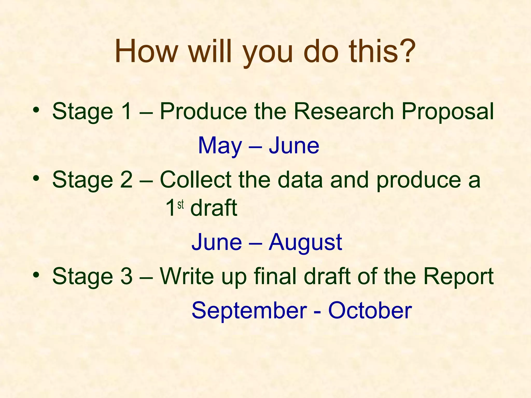 How will you do this?
• Stage 1 – Produce the Research Proposal
May – June
• Stage 2 – Collect the data and produce a
1st
draft
June – August
• Stage 3 – Write up final draft of the Report
September - October
 