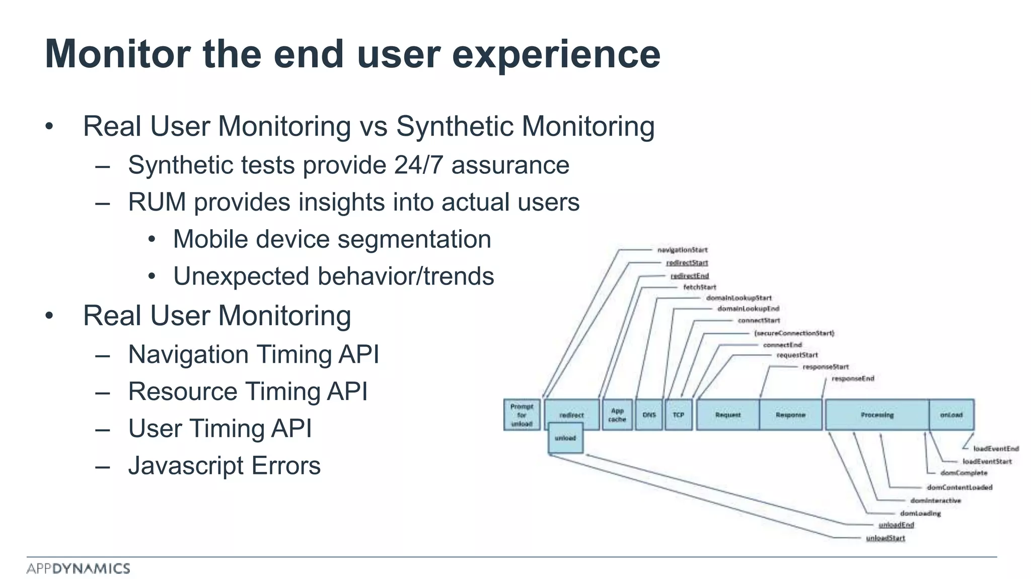 Monitor the end user experience
• Real User Monitoring vs Synthetic Monitoring
– Synthetic tests provide 24/7 assurance
– RUM provides insights into actual users
• Mobile device segmentation
• Unexpected behavior/trends
• Real User Monitoring
– Navigation Timing API
– Resource Timing API
– User Timing API
– Javascript Errors
 