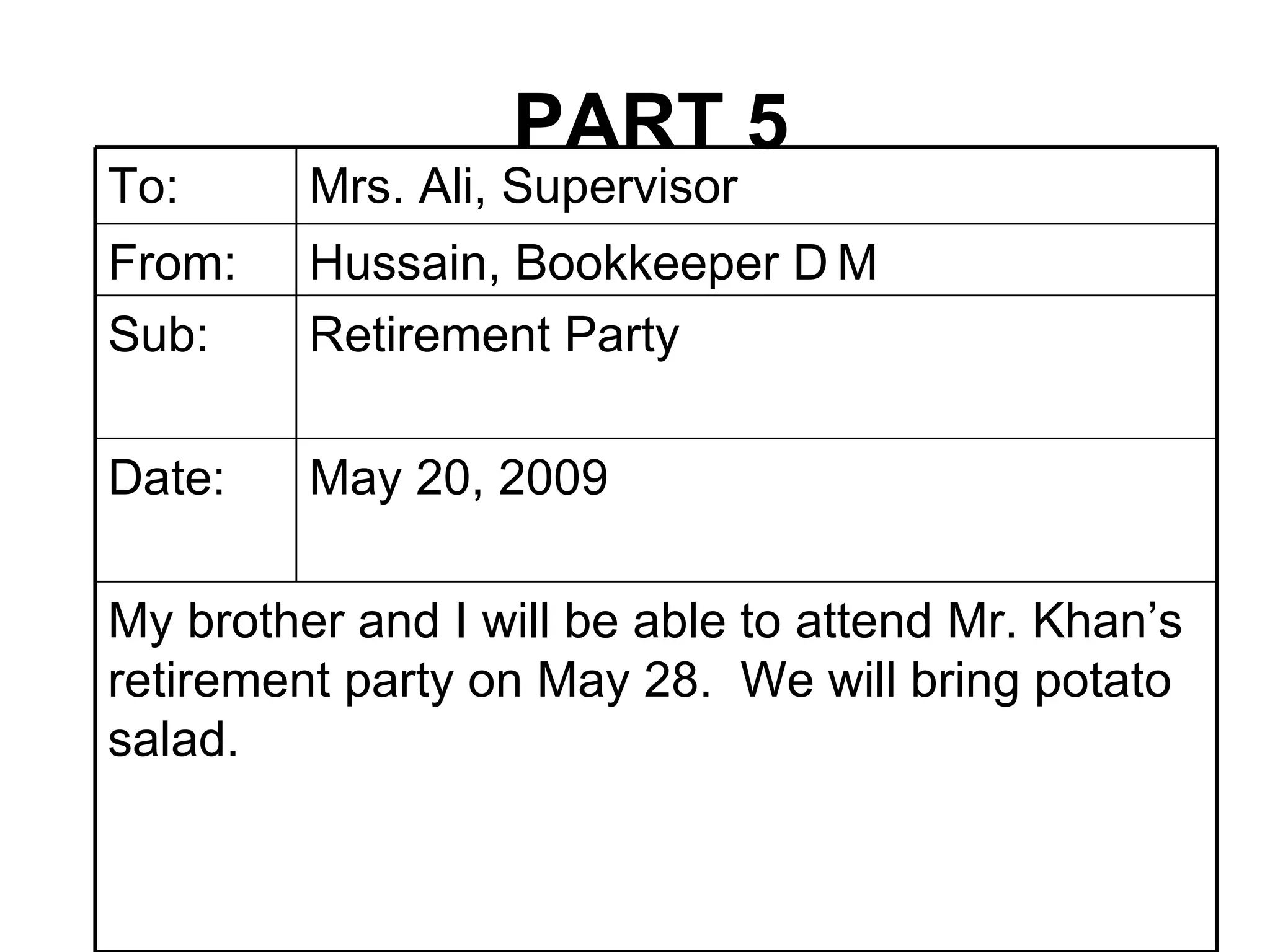 PART 5 My brother and I will be able to attend Mr. Khan’s retirement party on May 28.  We will bring potato salad. May 20, 2009 Date: Retirement Party Sub: Hussain, Bookkeeper  DM From: Mrs. Ali, Supervisor To: 