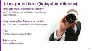 13
Actions you need to take (to stay ahead of the curve)
- Investigate how AI will impact your industry
Identify the skills, tools and certiﬁcations you need to stay
ahead of the curve
- Study the impacts of AI on your current role
Identify use cases, read white papers and solution blueprints
- Read
Prediction Machines, Andrew Ng’s Blog
- Take a course
Microsoft AI Business School
 