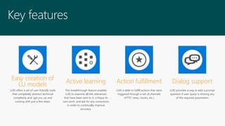 LUIS offers a set of user-friendly tools
that completely abstract technical
complexity and get you up and
running with just a few steps.
This breakthrough feature enables
LUIS to examine all the utterances
that have been sent to it, critique its
own work, and ask for any corrections
in order to continually improve
accuracy.
LUIS is able to fulfill actions that were
triggered through a set of channels
(HTTP, news, stocks, etc.)
LUIS provides a way to add a prompt
question if user query is missing any
of the required parameters
Active learningEasy creation of
LU models Action fulfillment Dialog support
Key features
 
