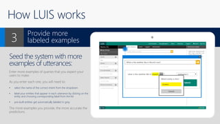 How LUIS works
Seed the system with more
examples of utterances:
Enter more examples of queries that you expect your
users to make.
As you enter each one, you will need to:
• select the name of the correct intent from the dropdown
• label your entities that appear in each utterance by clicking on the
entity and choosing corresponding label from the list
• pre-built entities get automatically labeled in grey
The more examples you provide, the more accurate the
predictions.
Provide more
labeled examples3
X
 