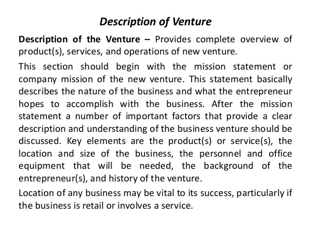 description of venture in business plan sample