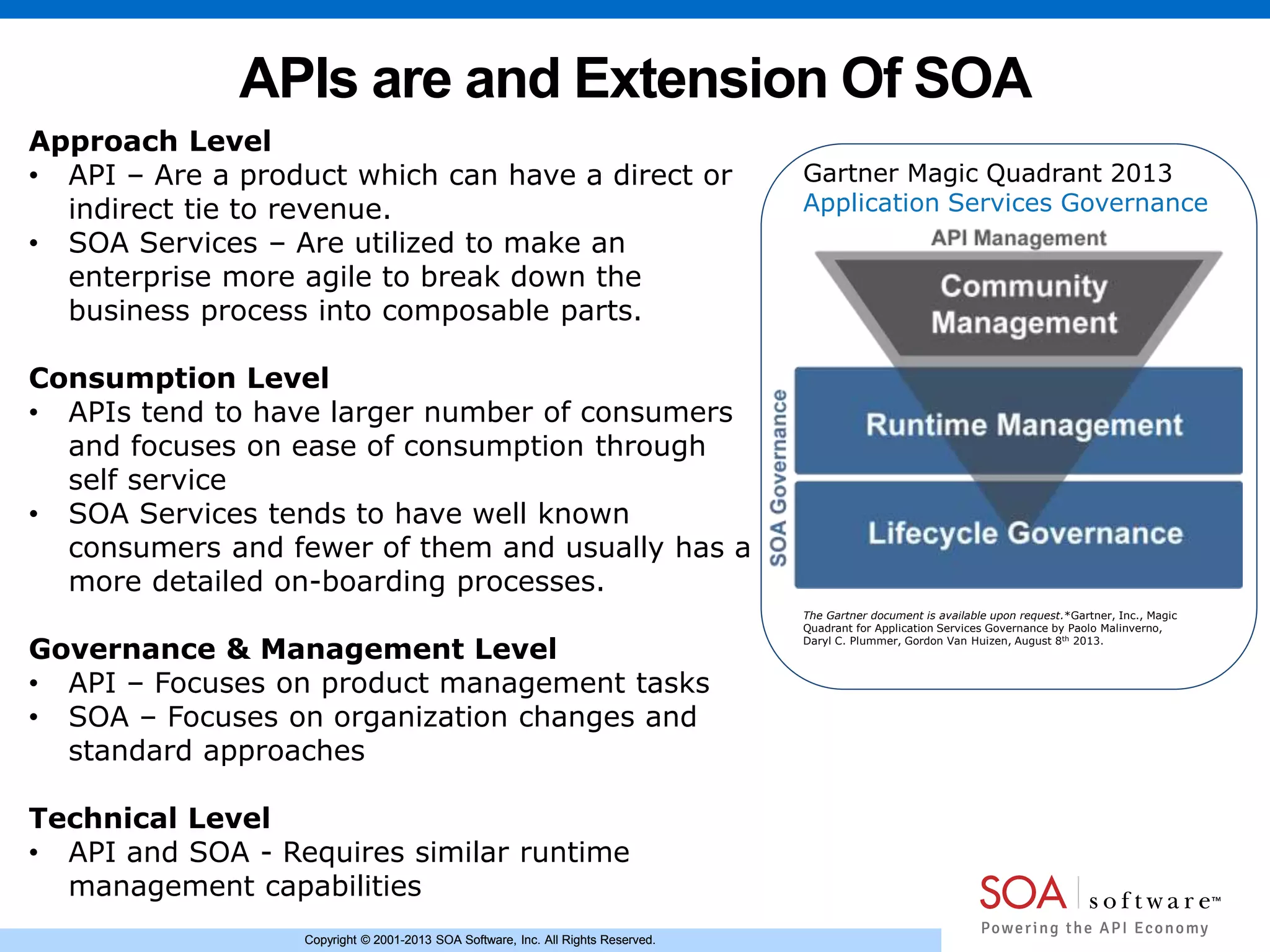 Copyright © 2001-2013 SOA Software, Inc. All Rights Reserved.Copyright © 2001-2013 SOA Software, Inc. All Rights Reserved.
APIs are and Extension Of SOA
Approach Level
• API – Are a product which can have a direct or
indirect tie to revenue.
• SOA Services – Are utilized to make an
enterprise more agile to break down the
business process into composable parts.
Consumption Level
• APIs tend to have larger number of consumers
and focuses on ease of consumption through
self service
• SOA Services tends to have well known
consumers and fewer of them and usually has a
more detailed on-boarding processes.
Governance & Management Level
• API – Focuses on product management tasks
• SOA – Focuses on organization changes and
standard approaches
Technical Level
• API and SOA - Requires similar runtime
management capabilities
The Gartner document is available upon request.*Gartner, Inc., Magic
Quadrant for Application Services Governance by Paolo Malinverno,
Daryl C. Plummer, Gordon Van Huizen, August 8th 2013.
Gartner Magic Quadrant 2013
Application Services Governance
 