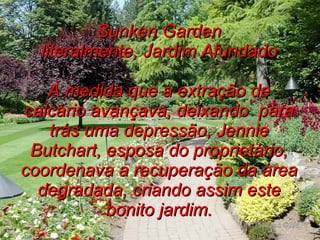 Sunken Garden literalmente, Jardim Afundado À medida que a extração de calcário avançava, deixando  para trás uma depressão, Jennie Butchart, esposa do proprietário, coordenava a recuperação da área degradada, criando assim este bonito jardim. 