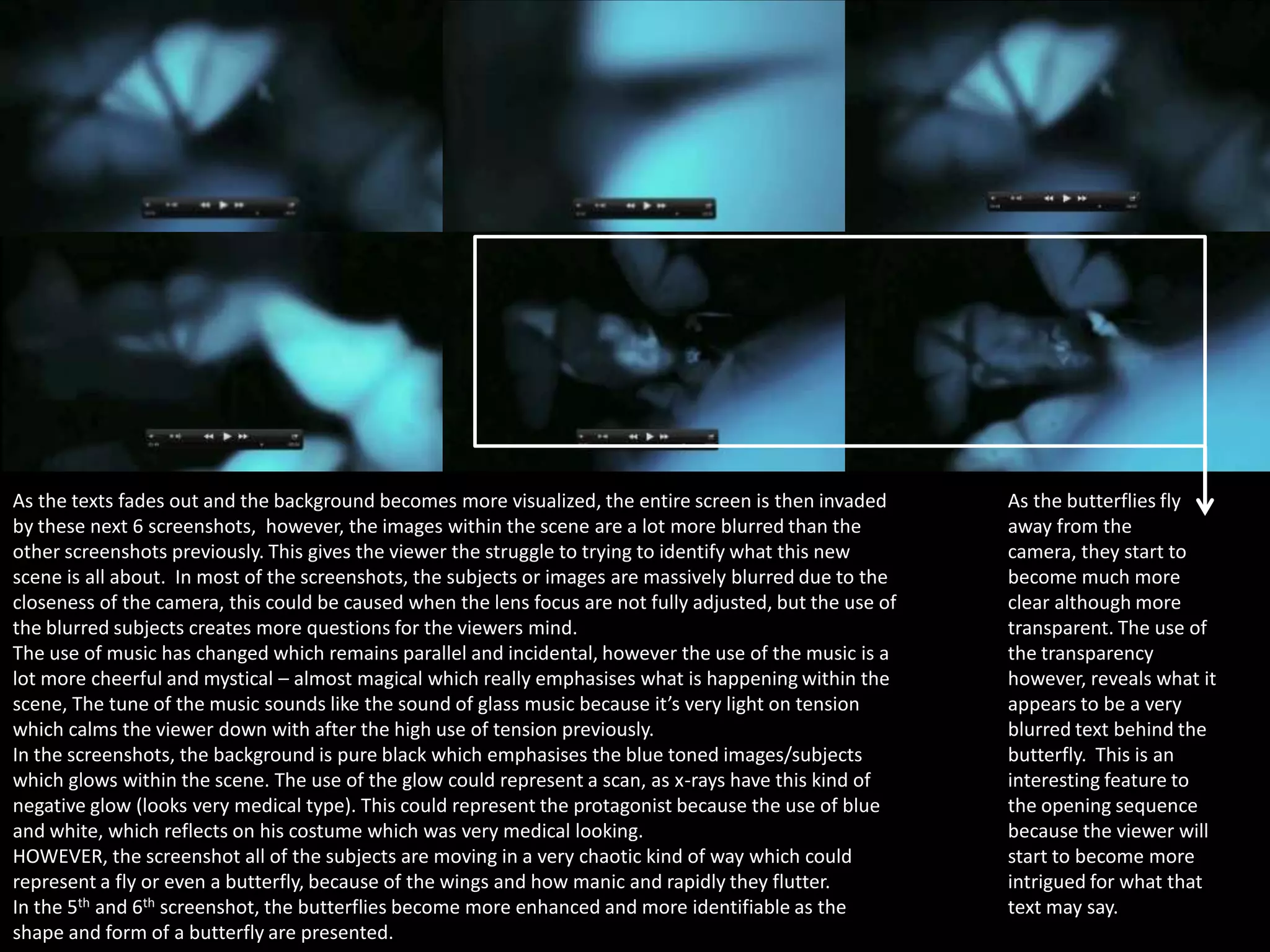 As the texts fades out and the background becomes more visualized, the entire screen is then invaded
by these next 6 screenshots, however, the images within the scene are a lot more blurred than the
other screenshots previously. This gives the viewer the struggle to trying to identify what this new
scene is all about. In most of the screenshots, the subjects or images are massively blurred due to the
closeness of the camera, this could be caused when the lens focus are not fully adjusted, but the use of
the blurred subjects creates more questions for the viewers mind.
The use of music has changed which remains parallel and incidental, however the use of the music is a
lot more cheerful and mystical – almost magical which really emphasises what is happening within the
scene, The tune of the music sounds like the sound of glass music because it’s very light on tension
which calms the viewer down with after the high use of tension previously.
In the screenshots, the background is pure black which emphasises the blue toned images/subjects
which glows within the scene. The use of the glow could represent a scan, as x-rays have this kind of
negative glow (looks very medical type). This could represent the protagonist because the use of blue
and white, which reflects on his costume which was very medical looking.
HOWEVER, the screenshot all of the subjects are moving in a very chaotic kind of way which could
represent a fly or even a butterfly, because of the wings and how manic and rapidly they flutter.
In the 5th and 6th screenshot, the butterflies become more enhanced and more identifiable as the
shape and form of a butterfly are presented.

As the butterflies fly
away from the
camera, they start to
become much more
clear although more
transparent. The use of
the transparency
however, reveals what it
appears to be a very
blurred text behind the
butterfly. This is an
interesting feature to
the opening sequence
because the viewer will
start to become more
intrigued for what that
text may say.

 