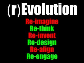 (r)Evolution
   Re-imagine
     Re-think
    Re-invent
    Re-design
     Re-align
   Re-engage
 