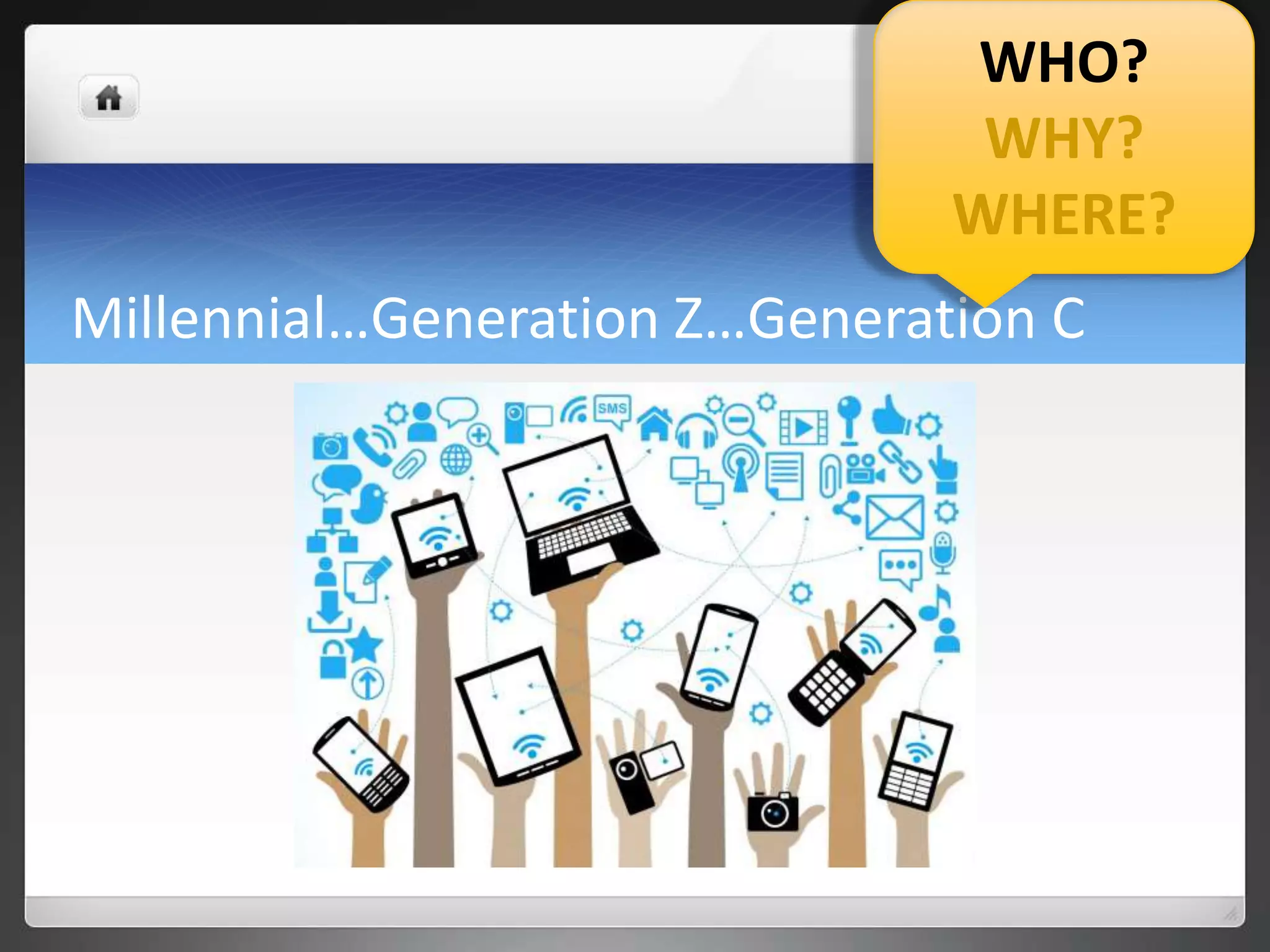 Millennial…Generation Z…Generation C
WHO?
WHY?
WHERE?
 