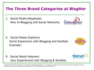 The Three Brand Categories at BlogHer  <ul><li>Social Media Neophytes </li></ul><ul><ul><li>New to Blogging and Social Net...