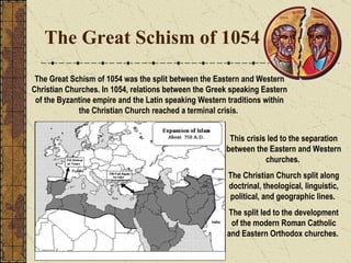 The Great Schism of 1054 The Great Schism of 1054 was the split between the Eastern and Western Christian Churches. In 1054, relations between the Greek speaking Eastern of the Byzantine empire and the Latin speaking Western traditions within the Christian Church reached a terminal crisis.  This crisis led to the separation between the Eastern and Western churches.  The Christian Church split along doctrinal, theological, linguistic, political, and geographic lines.  The split led to the development of the modern Roman Catholic and Eastern Orthodox churches.   