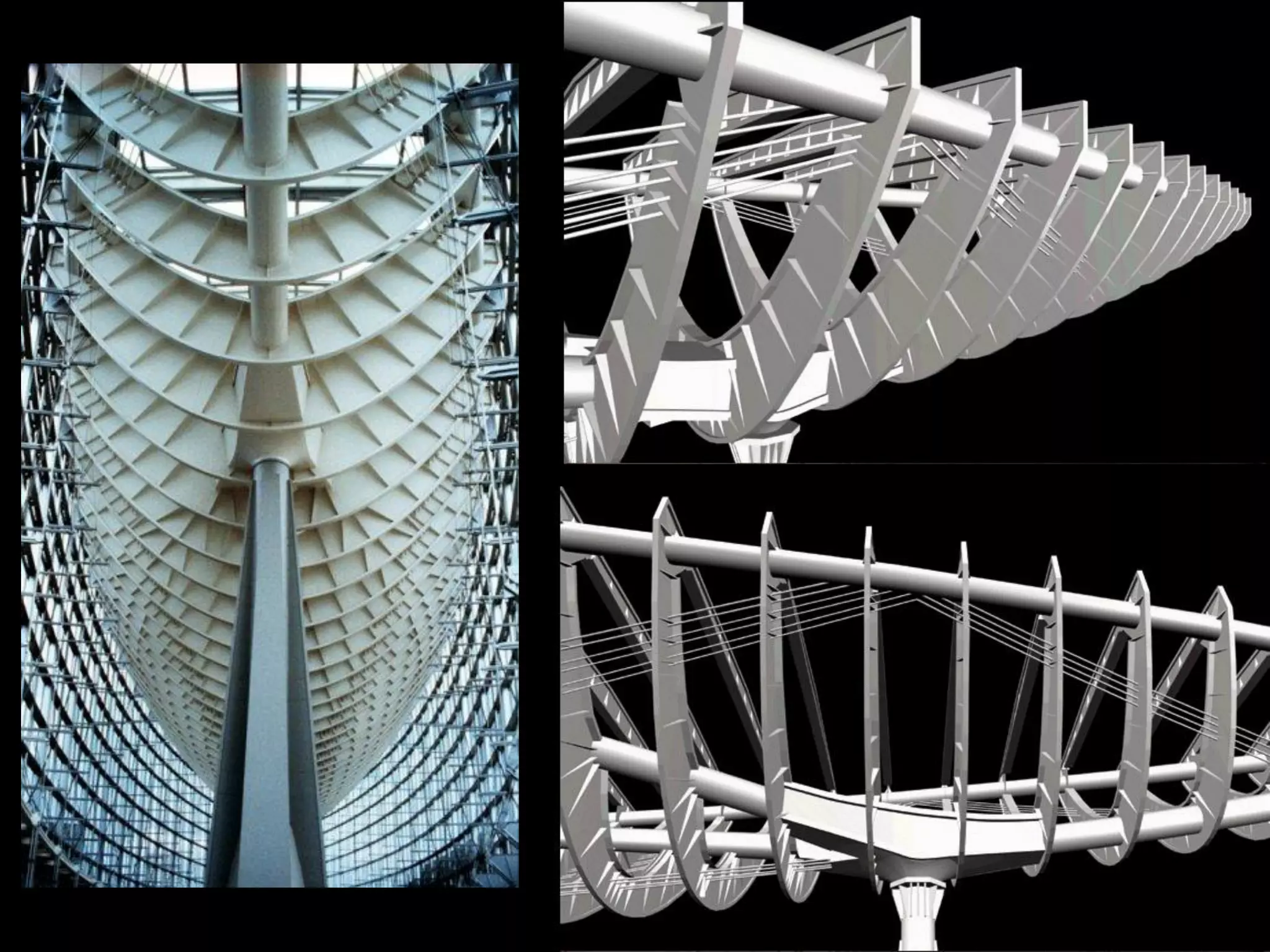 The parabolic spatial roof arch
structure with its 42-m cantilevers is
supported on only two monumental
conical concrete-filled steel pipe
columns spaced at 124 m. The columns
taper from a maximum width of 4.5 m at
roughly 2/3 of their height to 1.3 m at
their bases and capitals, and they are
tied at the 4th and 7th floors into the
structure for reasons of lateral stability.
The glass walls are supported
laterally by 2.6-m deep free-standing
vertical cable trusses which also act
as tie-downs for the spatial roof
truss.
Tokyo International Forum,
Tokyo, Japan, 1996, Rafael
Vinoly Arch. and Kunio
Watanabe Eng
 