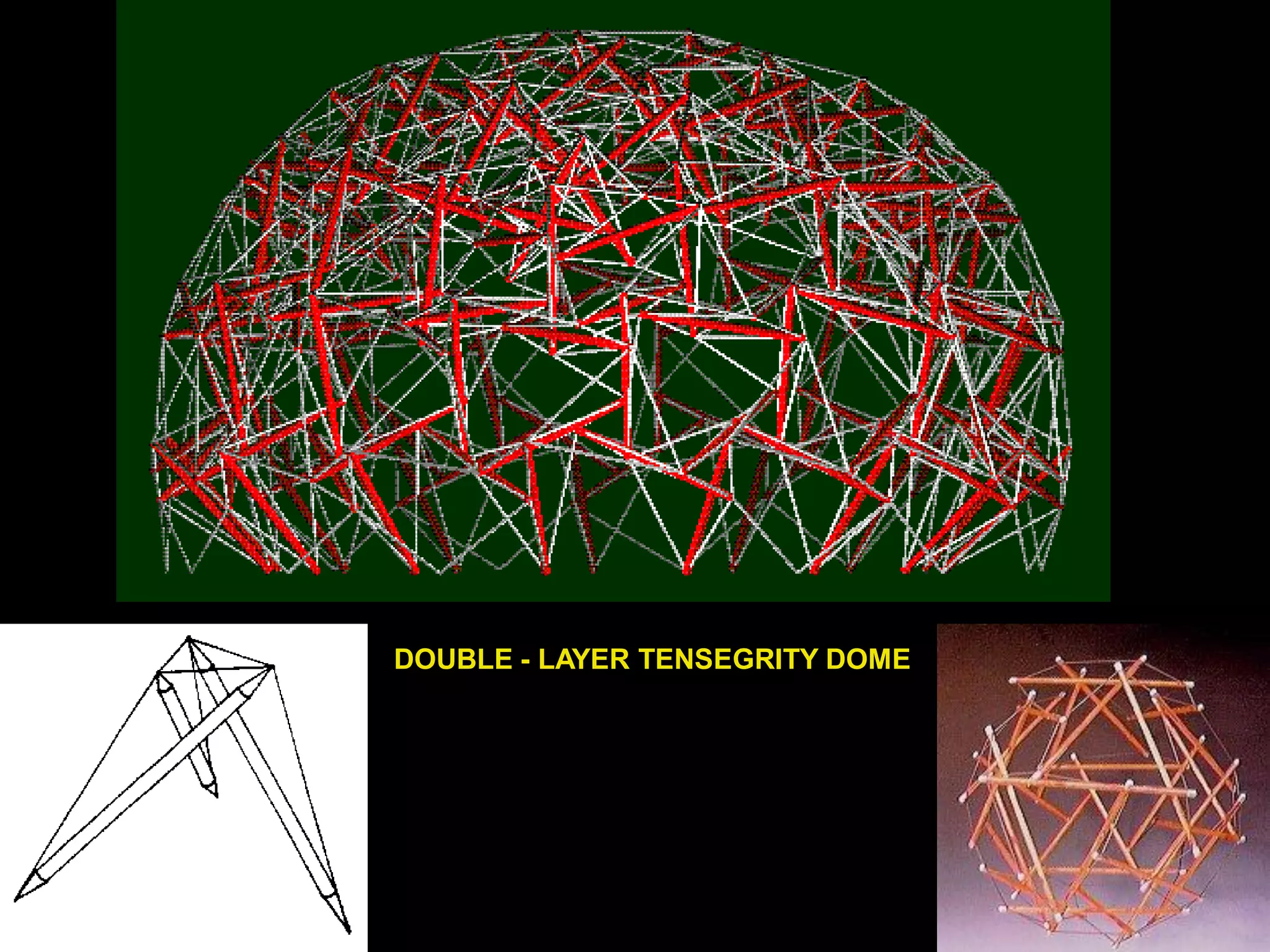 TENSEGRITY STRUCTURES
Buckminster Fuller described tensegrity as, “small islands of compression in a sea
of tension.” Ideal tensegrity structures are self-stressed systems, where few non-
touching straight compression struts are suspended in a continuous cable network of
tension members.
Tensegrity structures may be organized as
• Closed tensegrity structures: sculptures, (e.g. polyhedral twist units)
• Open tensegrity structures
planar open and closed tensegrity structures:
cable beams, cable trusses, cable frames
spatial open tensegrity structures:
flat or bent roof structures: e.g. tensegrity domes
 